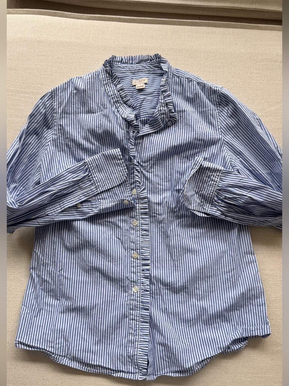 J. Crew Blue and White Striped Ruffle-Collar Button Shirt